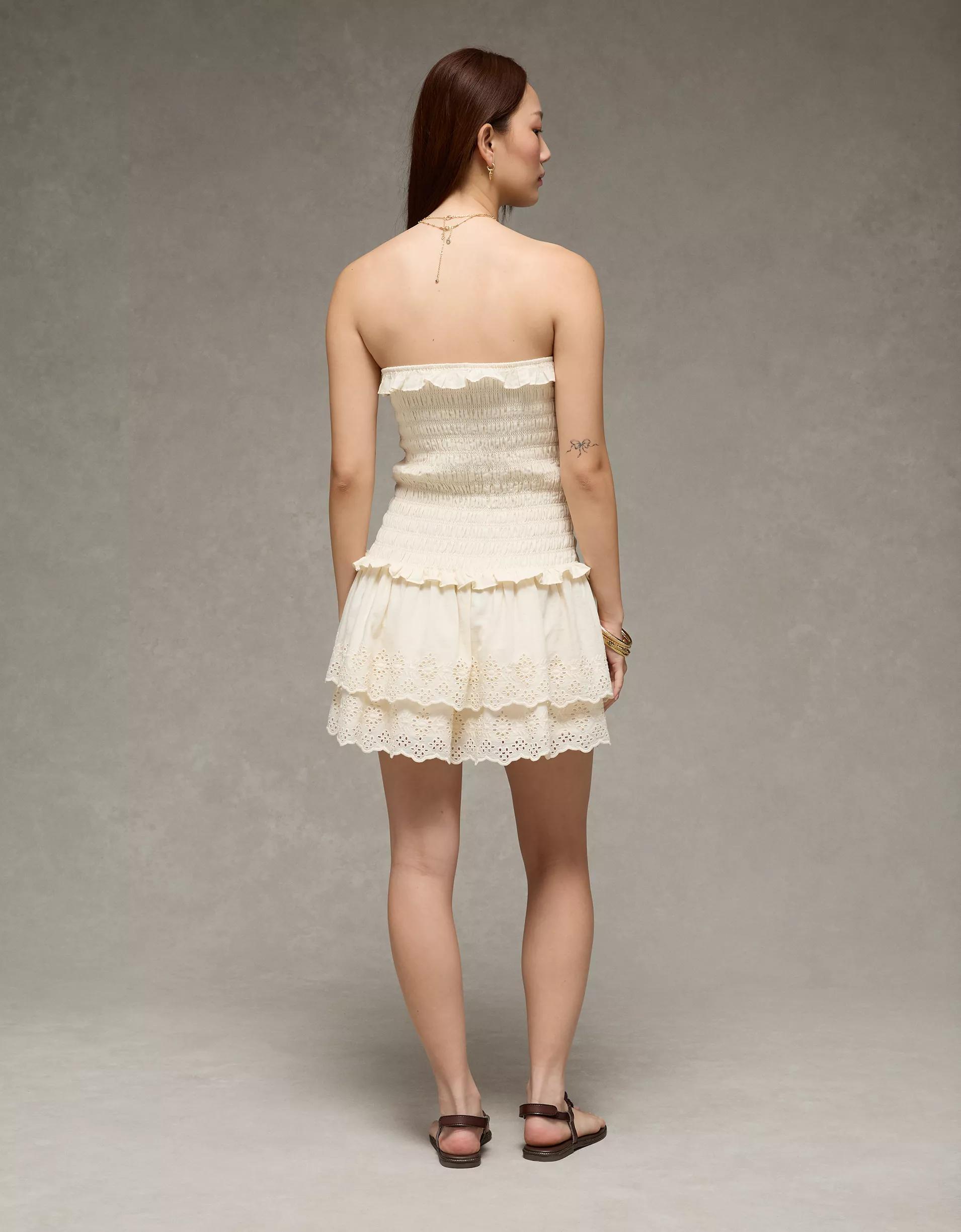 AE Strapless Smocked Ruffle Drop Waist Mini Dress Product Image