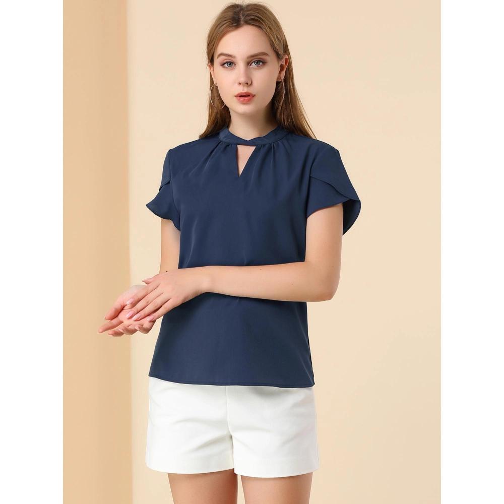 Allegra K Women's Stand Collar Petal Sleeve Keyhole Neck Elegant Work Office Blouse Top Product Image