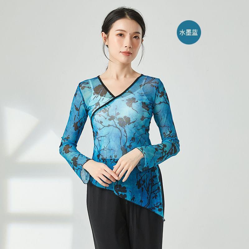 Long-Sleeve Floral Asymmetrical Dance Top Product Image