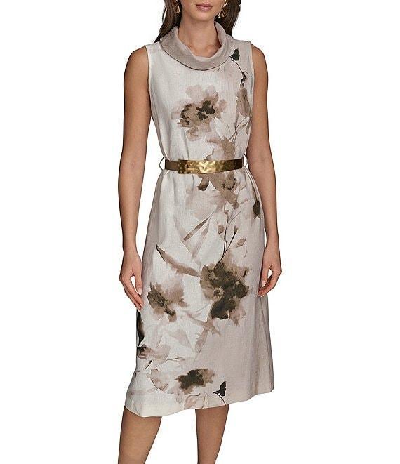 Donna Karan Sleeveless Cowl Neck Floral Print Belted Midi Dress Product Image