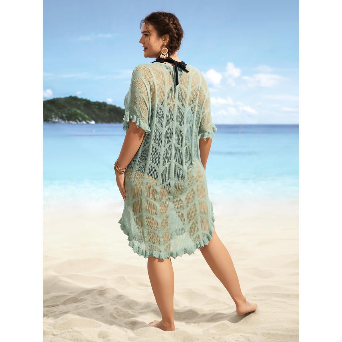 Plus Size Texture Ruffles Cut Out Dolman Sleeve Swim Cover Up Women's Swimwear Palemauve Beach Loose Texture Curve Swim Cover Ups BloomChic 22-24/3X Product Image