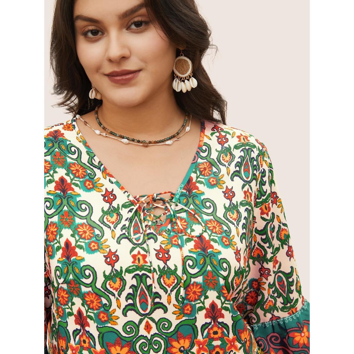 Plus Size Teal Boho Print Lace Up Bell Sleeve Blouse Women Resort Half Sleeve V-neck Vacation Blouses BloomChic 10/M Product Image