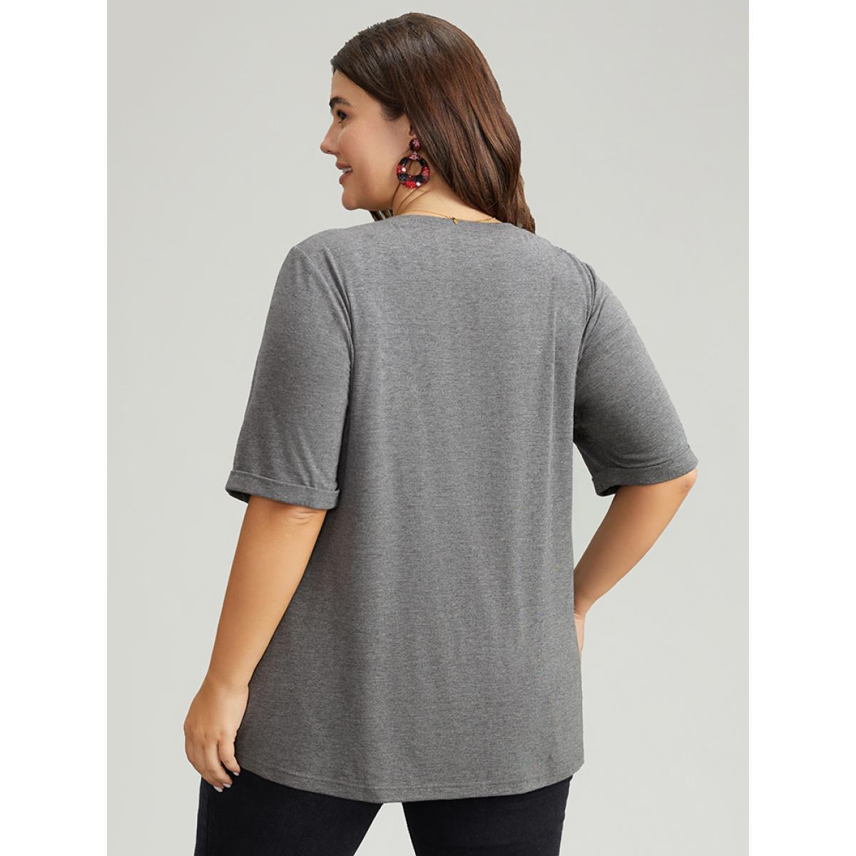 Plus Size Christmas Gingham Patchwork V Neck T-shirt DimGray Women Casual Printed Christmas Festival-Christmas T-shirts BloomChic 26/4X Product Image