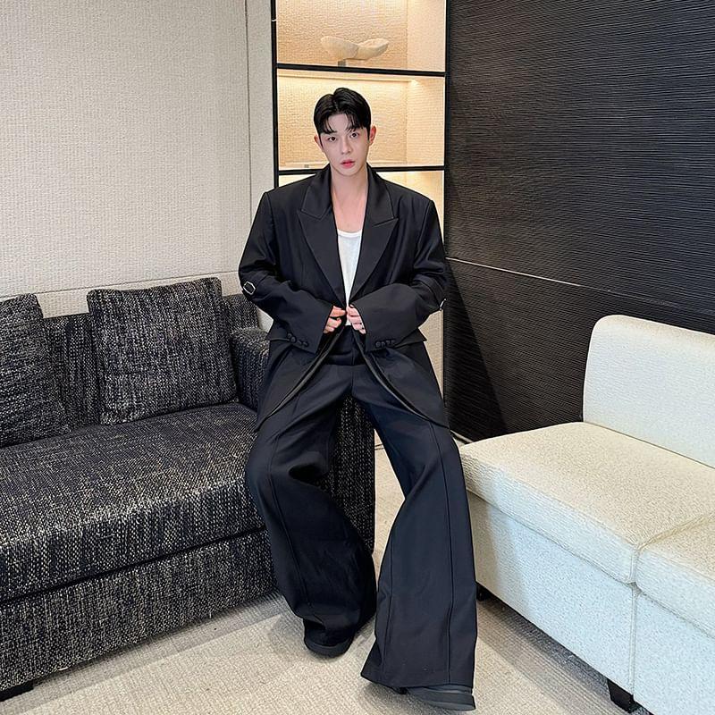 Set: Plain Sing-Breasted Blazer + High Waist Wide Leg Pants Product Image