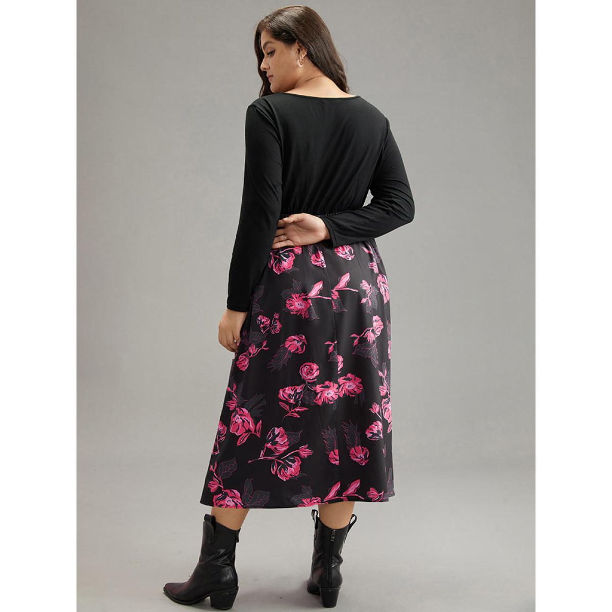 Plus Size Floral Patchwork Gathered Drawstring Dress Black Women Casual Gathered Tie Neck Long Sleeve Curvy Midi Dress BloomChic 14-16/1X Product Image