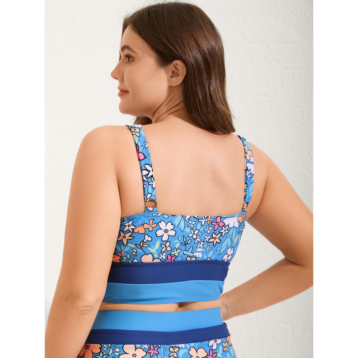 Plus Size Floral Print Color Contrast Swim Top Women's Swimwear Skyblue Beach Contrast High stretch Skinny U-neck Curve Swim Tops BloomChic 14-16/1X Product Image