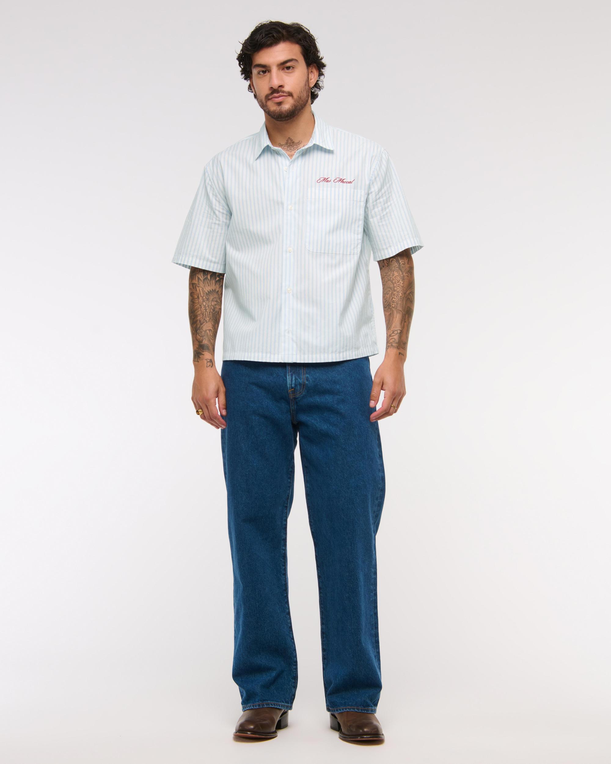 Short-Sleeve Cropped Script Embroidery Shirt Product Image