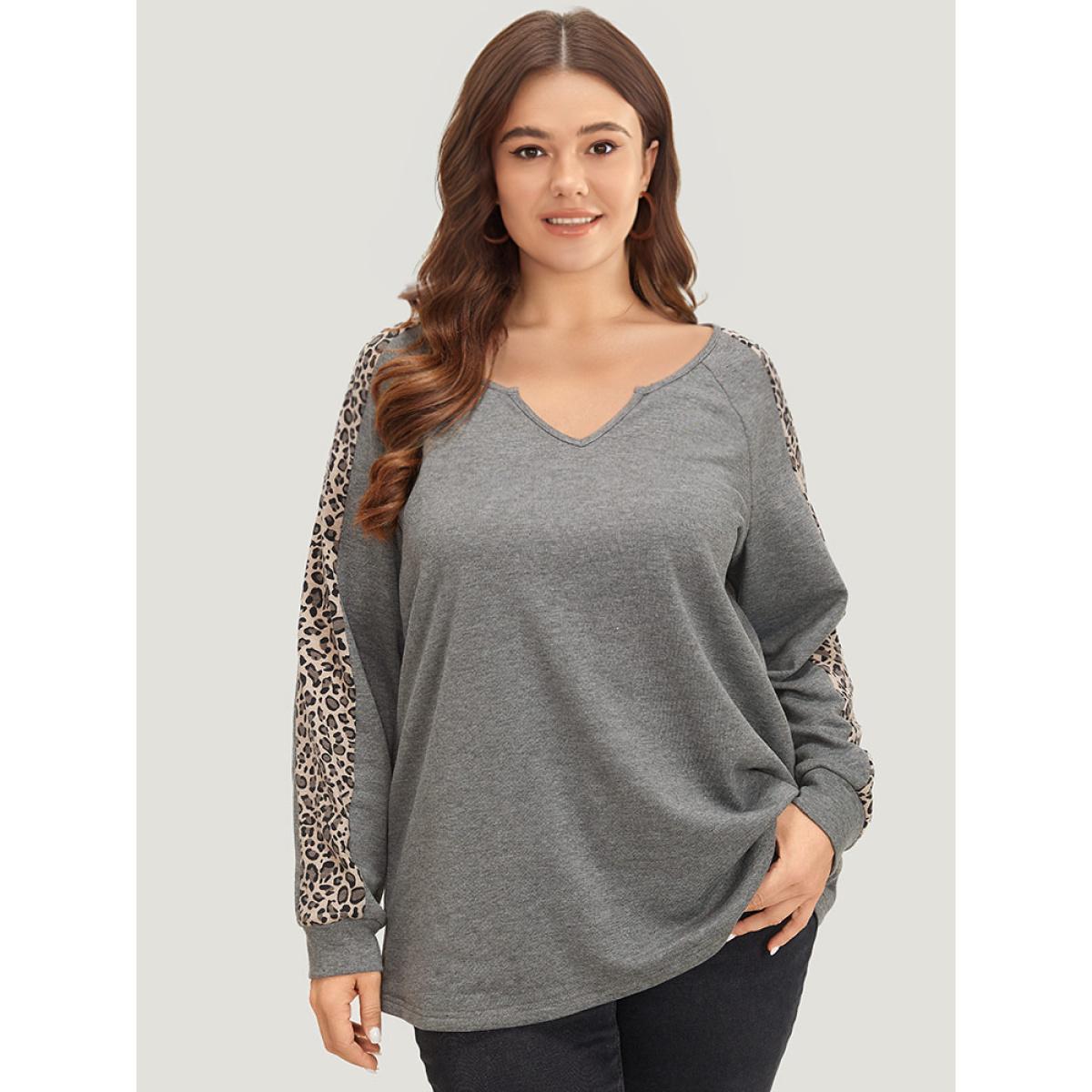 Plus Size Leopard Patchwork Notched Raglan Sleeve Sweatshirt Women Gray Casual Patchwork Notched collar Dailywear Sweatshirts BloomChic 22-24/3X Product Image
