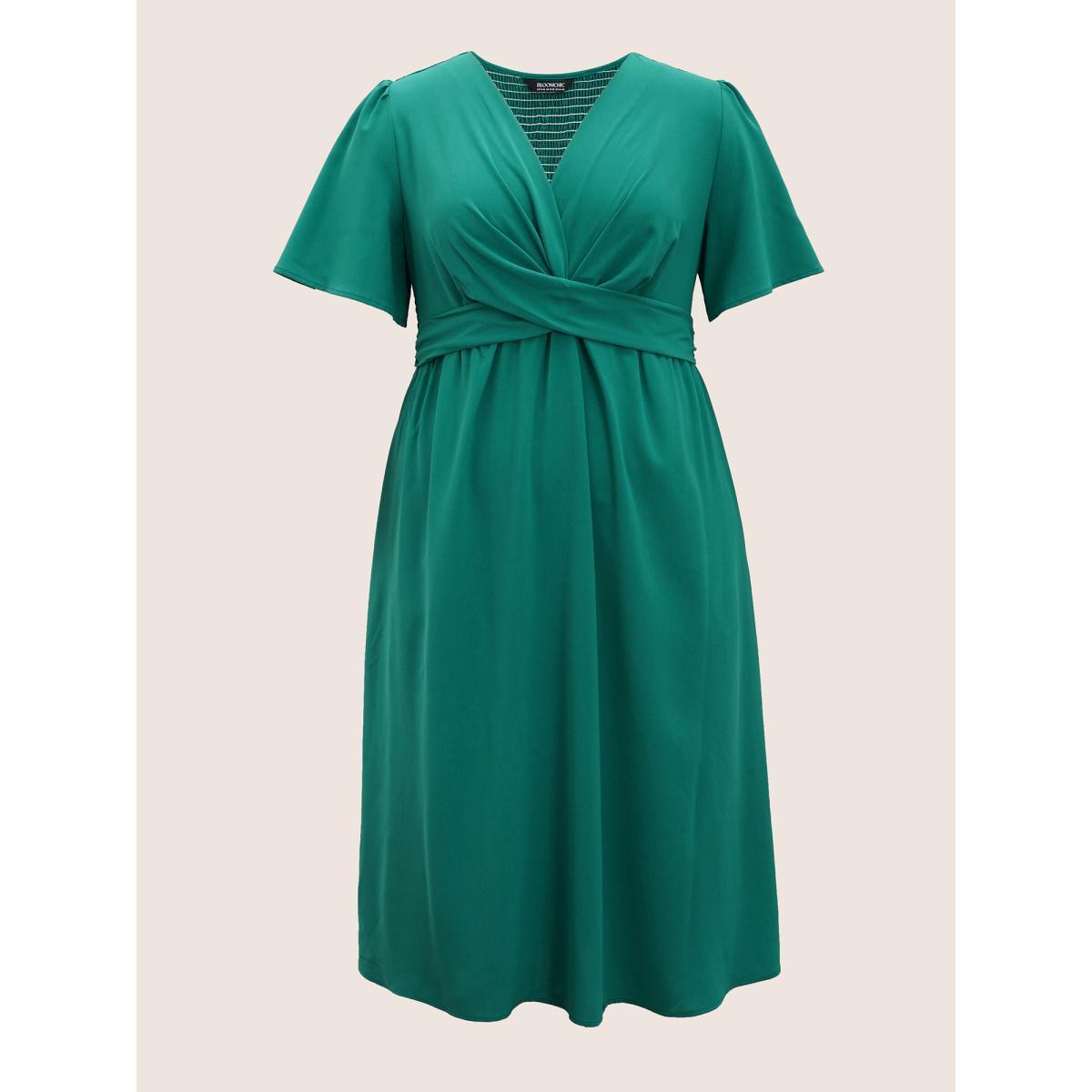 Plus Size Solid Shirred Crossover Flutter Sleeve Dress Emerald Women Elegant Twist V-neck Short sleeve Curvy BloomChic 14-16/1X Product Image