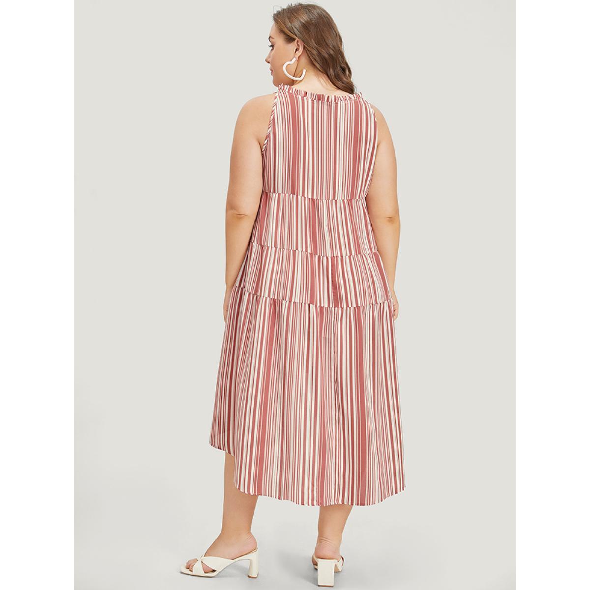 Plus Size Striped Pocket Notched Ruffle Layered Hem Dress Russet Women Vacation V-neck Sleeveless Curvy Knee Dress BloomChic 10/M Product Image