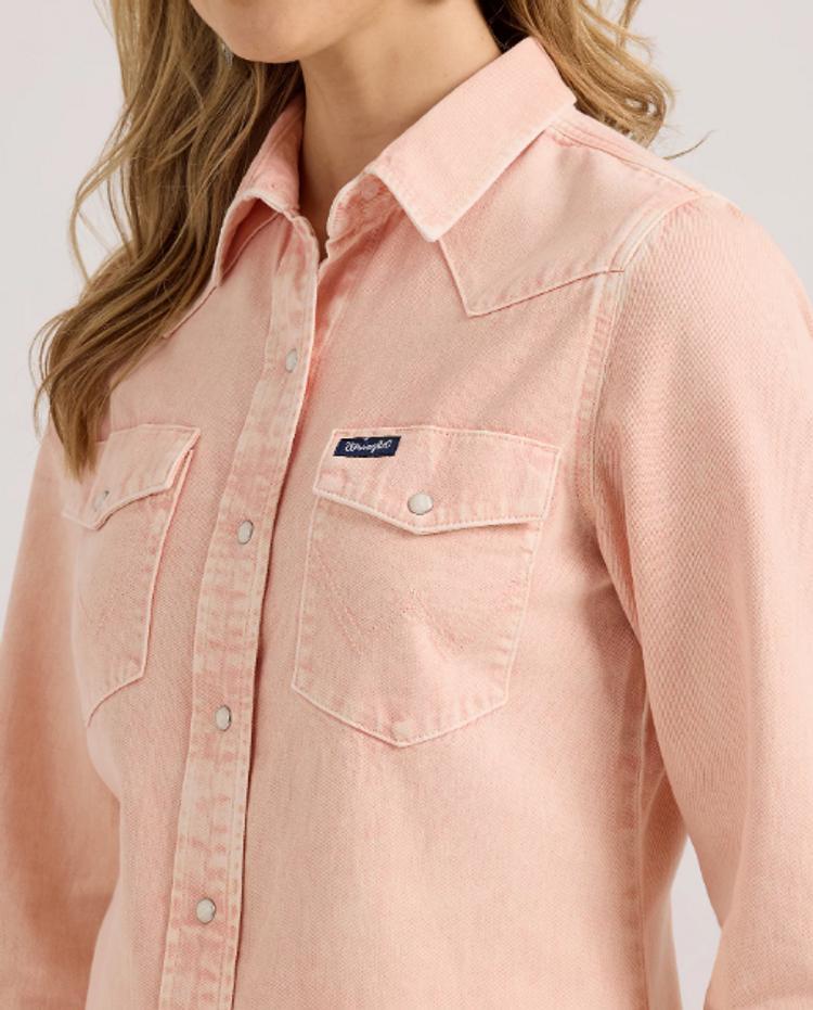 Wrangler® Ladies' L/S Solid Pink/Peach Denim Snap Shirt Product Image