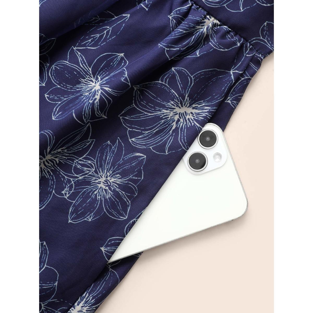 Plus Size Floral Asymmetrical Neck Mesh Belted Dress DarkBlue Women Cocktail See through Party Curvy Bloomchic 10/M Product Image