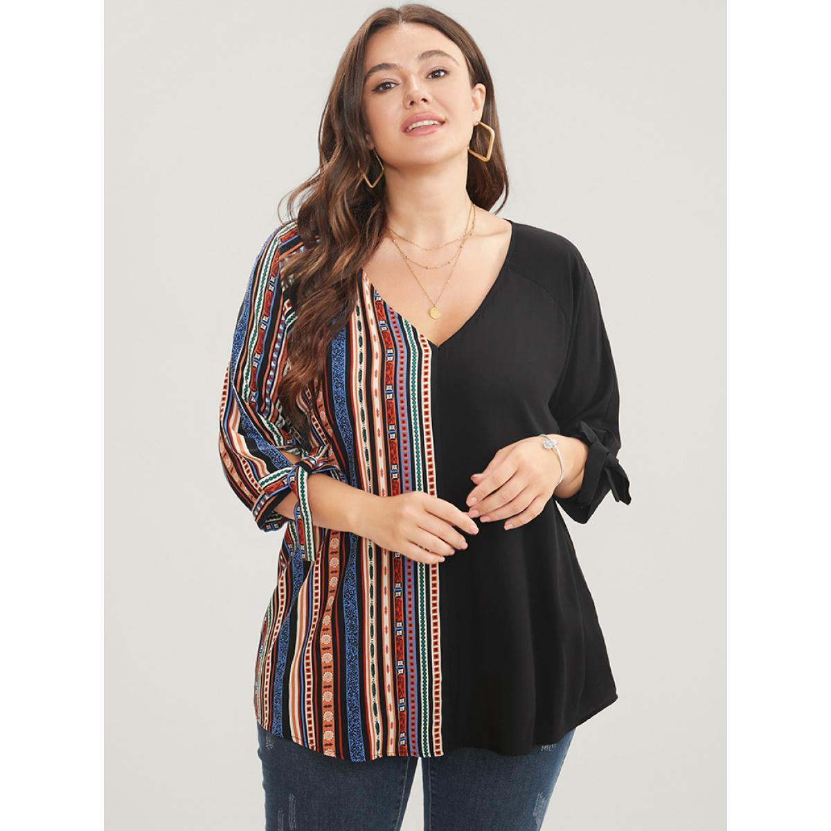 Plus Size Black Striped Geometric Patchwork Knotted Sleeve Blouse Women Vacation Elbow-length sleeve V-neck Dailywear Blouses BloomChic 10/M Product Image