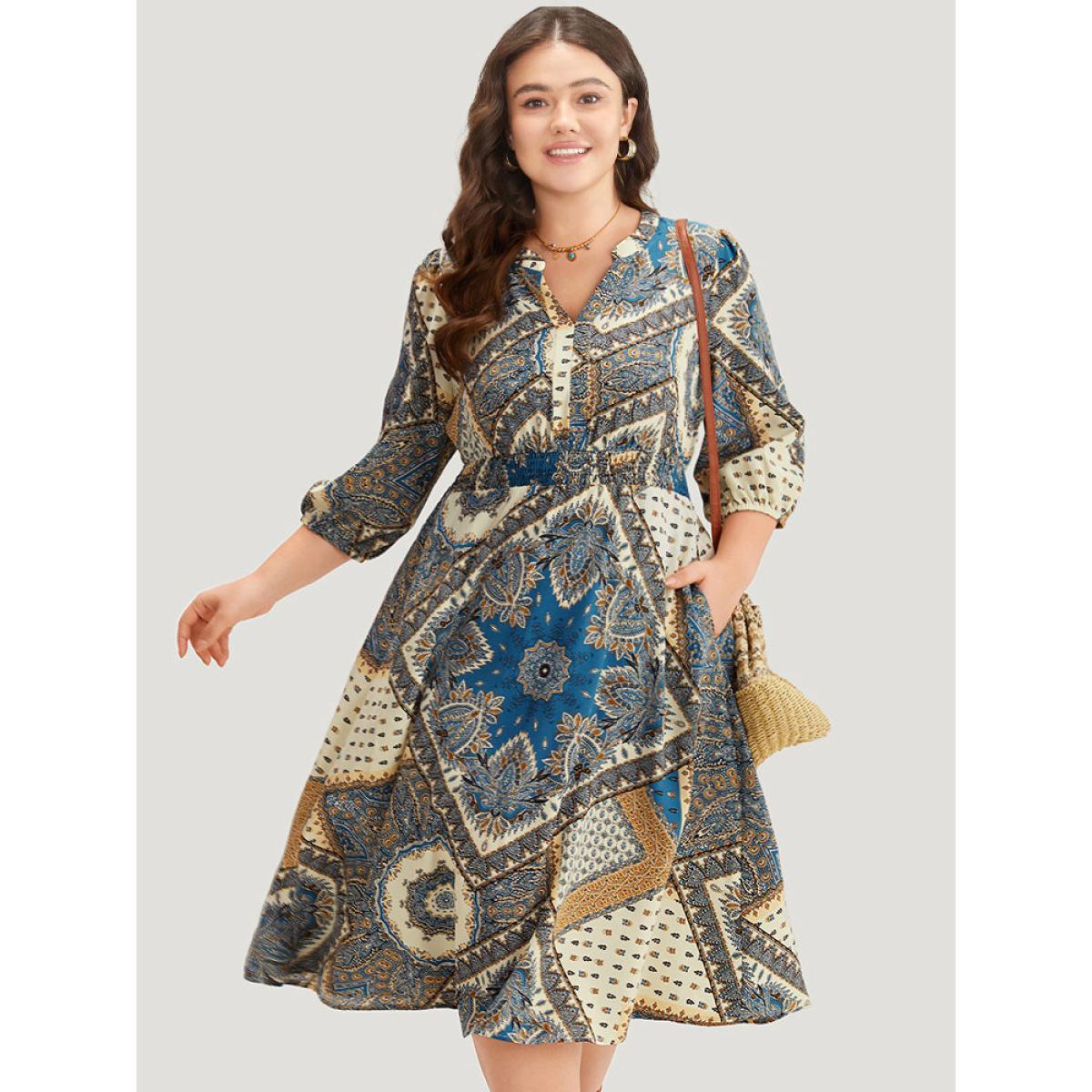 Plus Size Bandana Print Notched Lantern Sleeve Dress Cerulean Women Vacation Elastic cuffs Notched collar Elbow-length sleeve Curvy Midi Dress BloomChic 28/5X Product Image