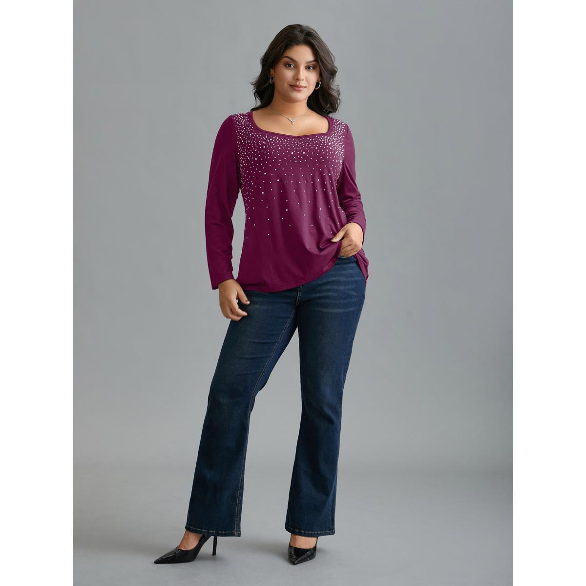 Plus Size Sequin Stretchy Long Sleeve T-shirt RedViolet Women Elegant Rhinestone detailing Heart neckline Everyday T-shirts BloomChic 26/4X Product Image