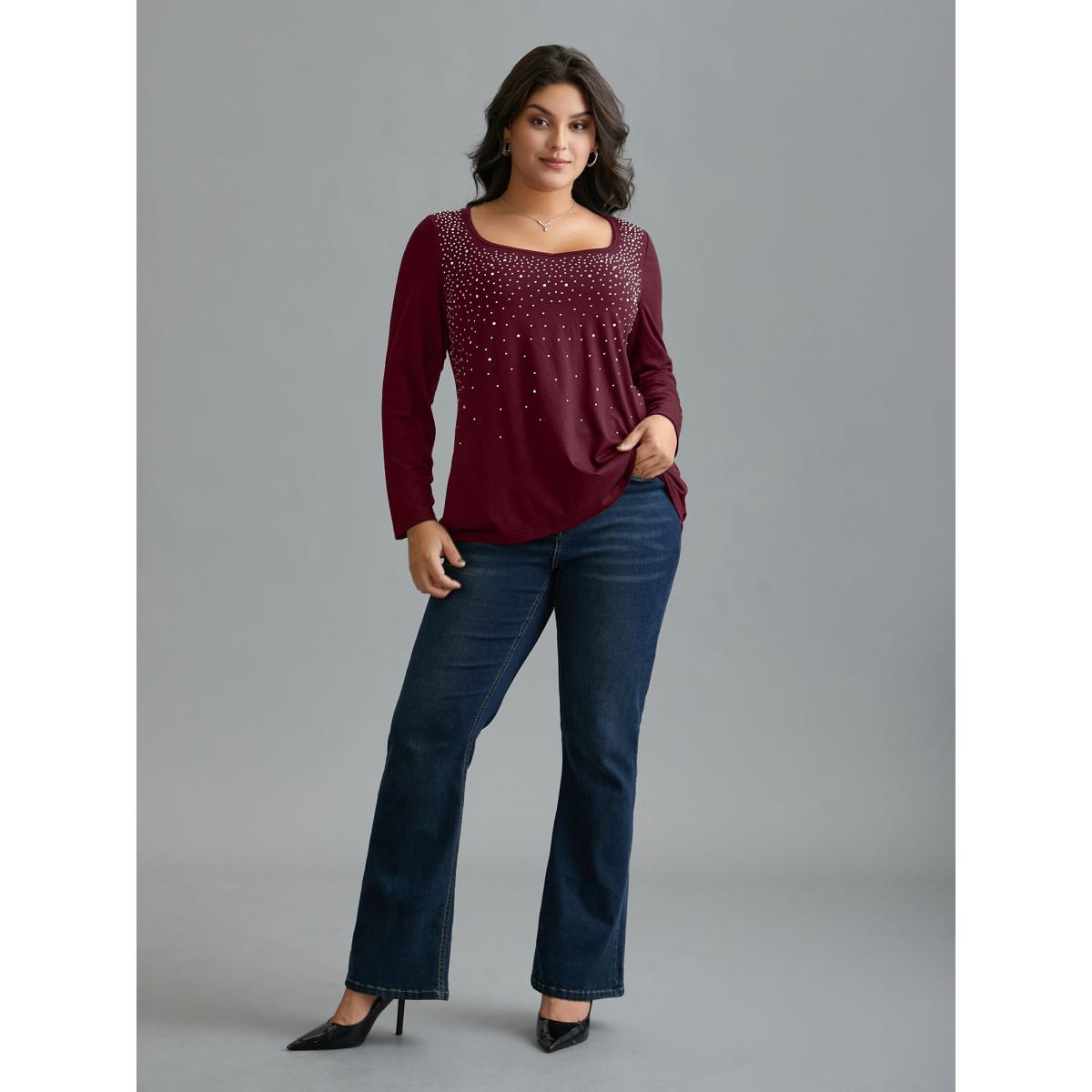 Plus Size Sequin Stretchy Long Sleeve T-shirt Burgundy Women Elegant Rhinestone detailing Heart neckline Everyday T-shirts BloomChic 10/M Product Image