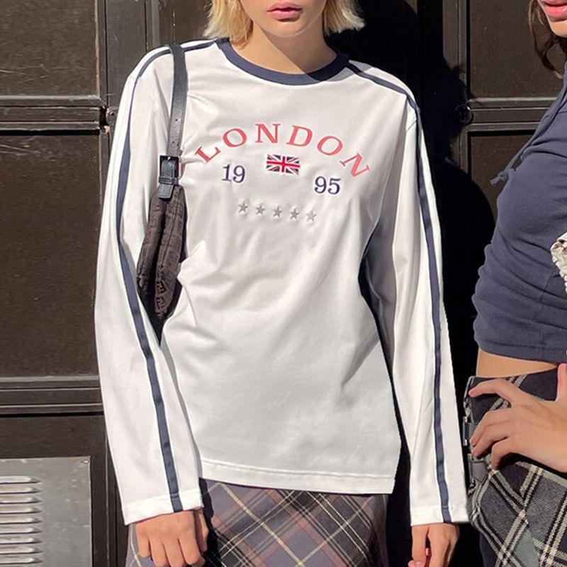 Long-Sleeve Round Neck Lettering T-Shirt Product Image