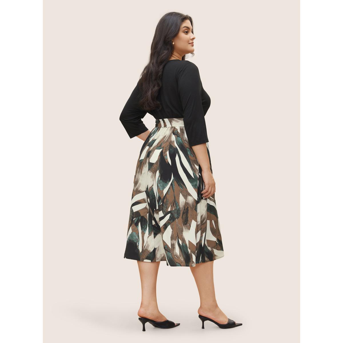 Plus Size Colorblock Contrast Half Zip Belted Dress Black Women At the Office Non V-neck Elbow-length sleeve Curvy Midi Dress BloomChic 12/L Product Image