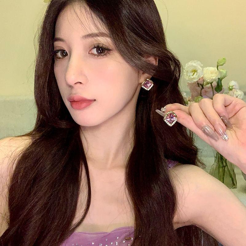 Rhinestone Square Alloy Earring Product Image