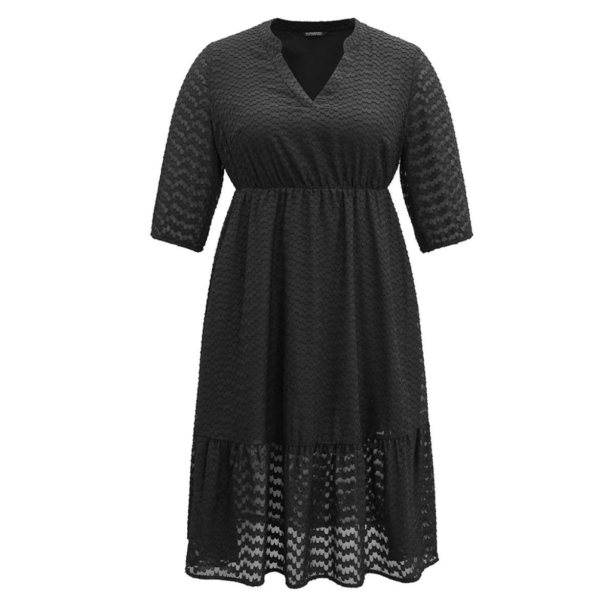 Plus Size Solid Textured Notched Elastic Waist Chiffon Dress Black Women Elegant Texture Notched collar Elbow-length sleeve Curvy Midi Dress BloomChic 12/L Product Image