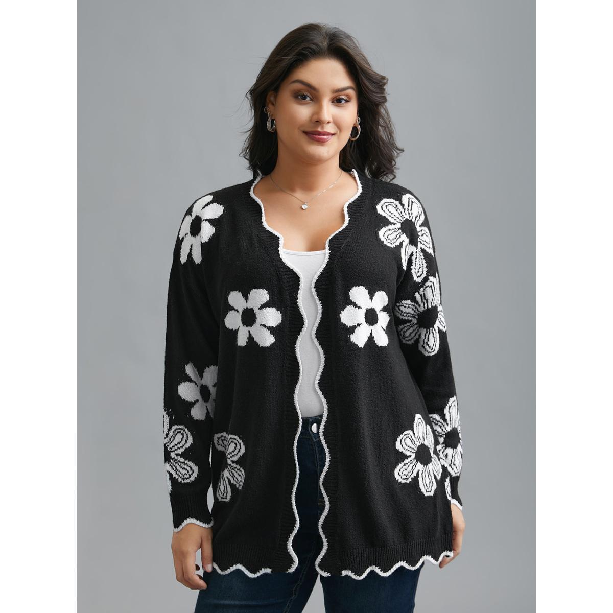 Plus Size Floral Pattern Open-Front Knitted Cardigan Black Women Casual Loose Long Sleeve Everyday Cardigans BloomChic 14-16/1X Product Image