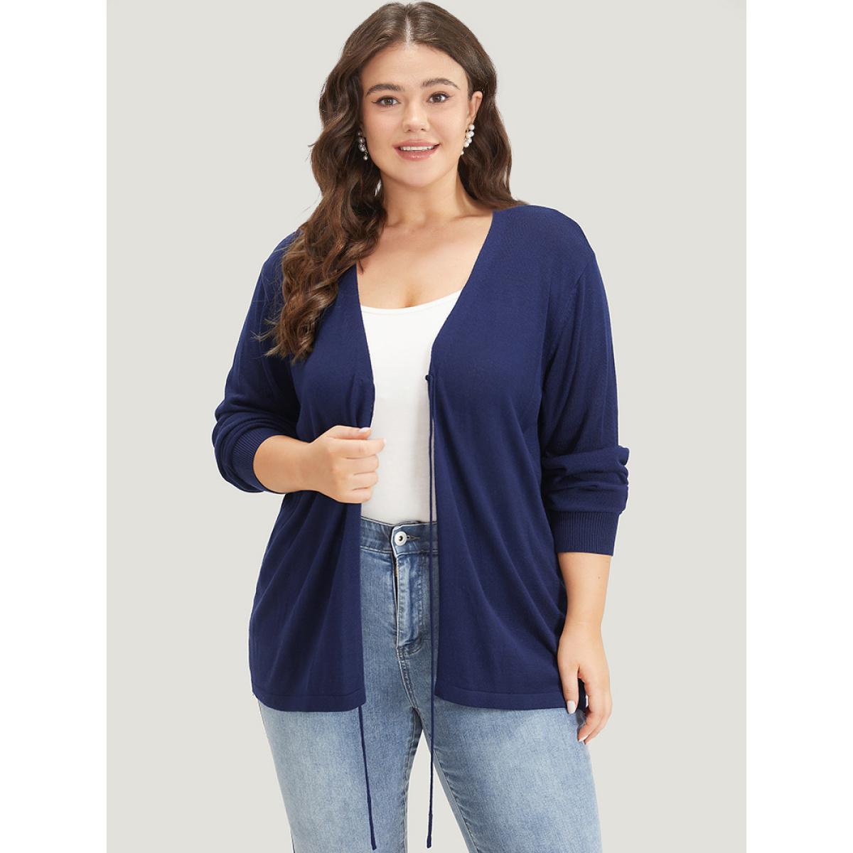 Plus Size Supersoft Essentials Plain Tie Front Elastic Cuffs Cardigan Indigo Women Casual Loose Long Sleeve Everyday Cardigans BloomChic 18-20/2X Product Image