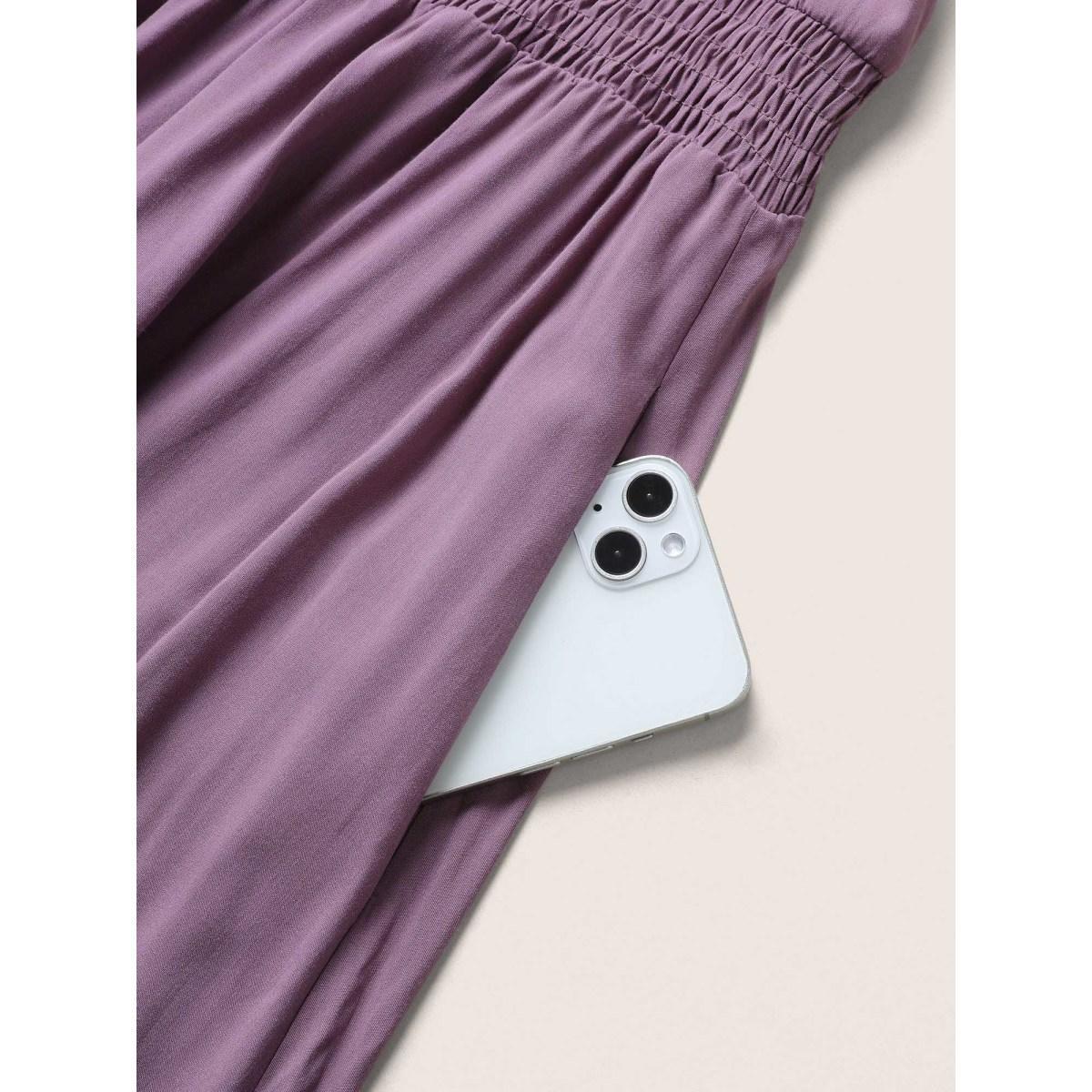 Plus Size Solid Cap Sleeve Shirred Frill Trim Dress Mauve Women Elegant Non Square Neck Cap Sleeve Curvy Midi Dress BloomChic 12/L Product Image