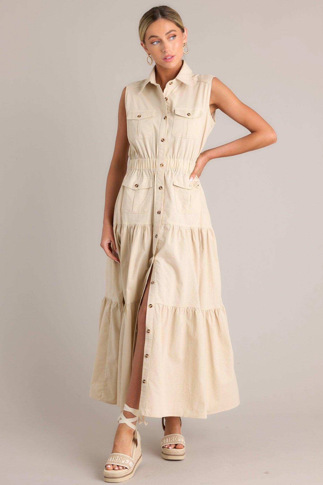 Desert Dusk Beige Button Front Tiered  Maxi Dress Product Image
