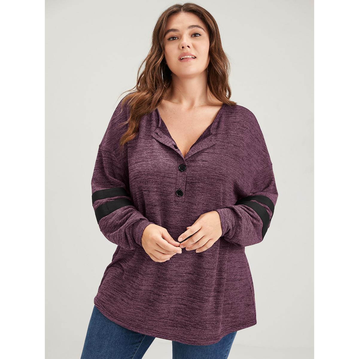 Plus Size Plain Contrast Button Up Round Neck Sweatshirt Women Burgundy Casual Contrast Round Neck Dailywear Sweatshirts BloomChic 10/M Product Image
