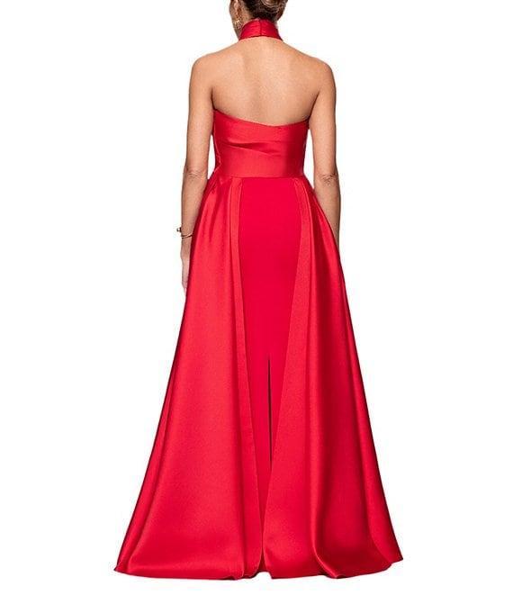 Betsy & Adam Twist Front Halter Sleevess Mixed Media Column Gown With Overlay Product Image
