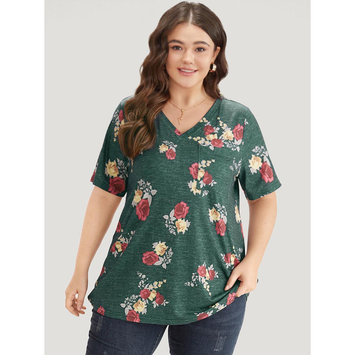 Plus Size Floral Print Heather Patched Pocket T-shirt DarkGreen Women Elegant Printed Floral V-neck Dailywear T-shirts BloomChic 14-16/1X Product Image