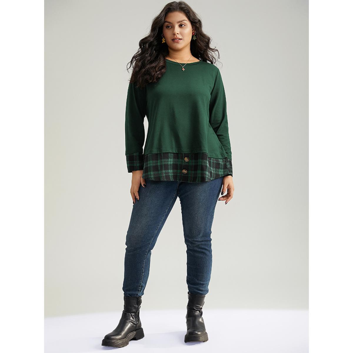 Plus Size Plaid Patchwork Button Detail Curved Hem Sweatshirt Women Green Casual Contrast Round Neck Festival-Christmas Sweatshirts BloomChic 12/L Product Image