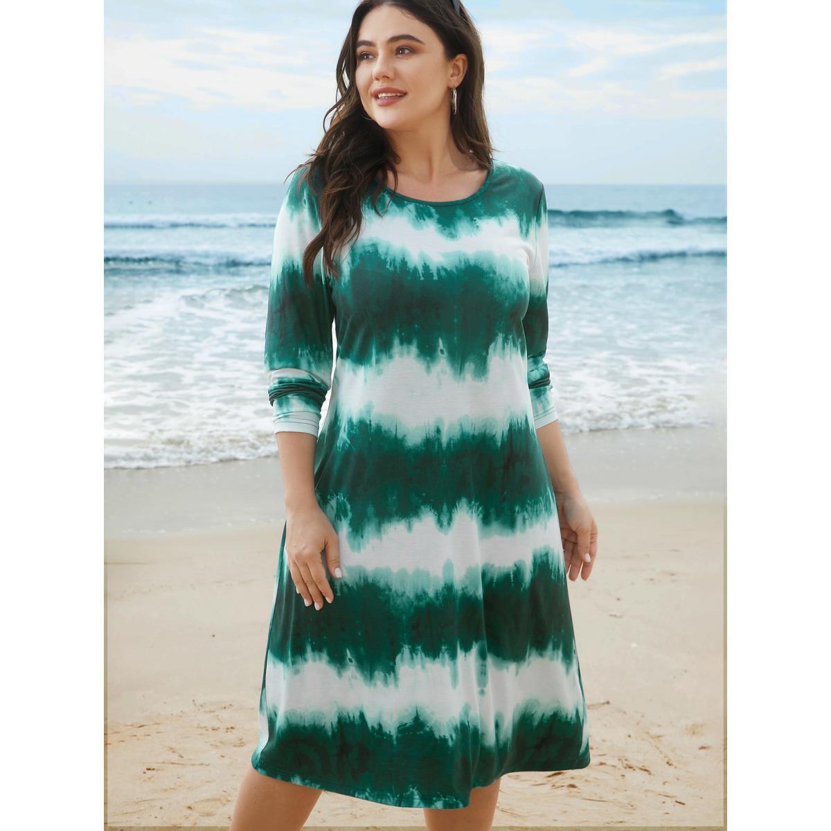 Plus Size Tie-Dye Round Neck Midi Knit Dress Teal Women Casual Non Knit Dresses Bloomchic 22-24/3X Product Image
