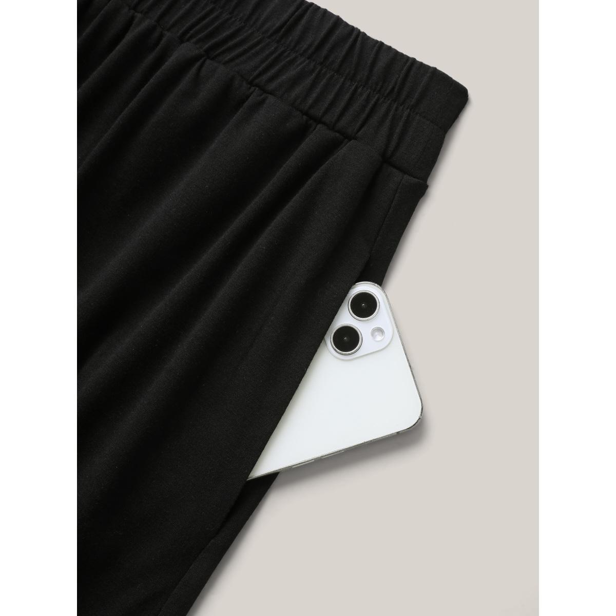 Plus Size Button Detail Hi-Low Hem Midi Skirt Women Black Elegant Bodycon Low stretch Side seam pocket Everyday Skirts BloomChic 26/4X Product Image
