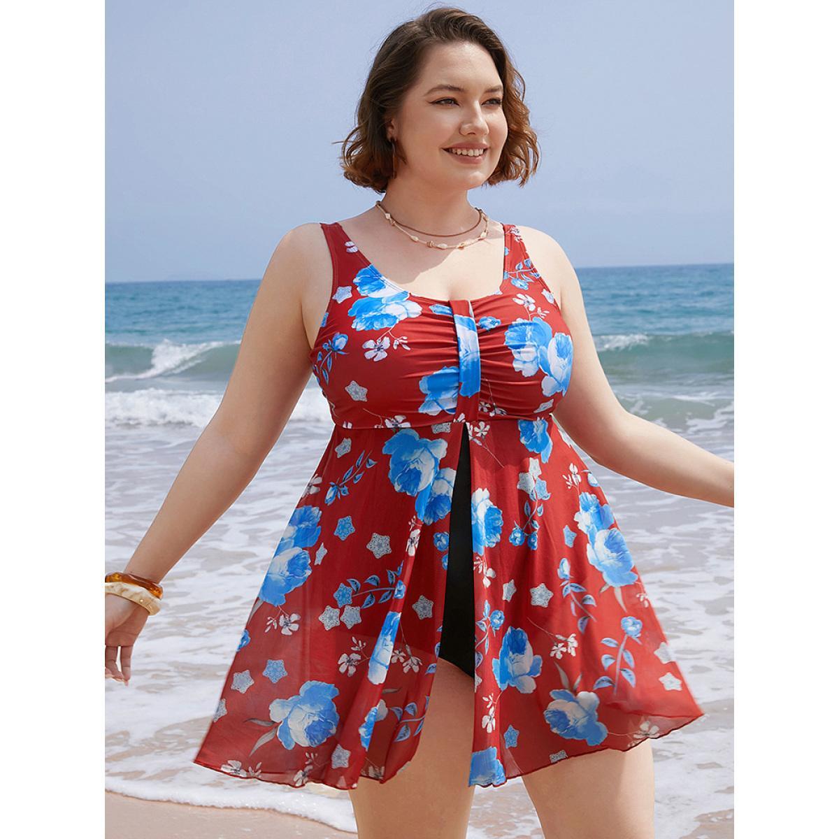 Plus Size Floral Print Split Front Ruched A Line Swim Dress Women's Swimwear Red Vacation Bodycon Round Neck High stretch Curve Swim Dresses BloomChic 22-24/3X Product Image