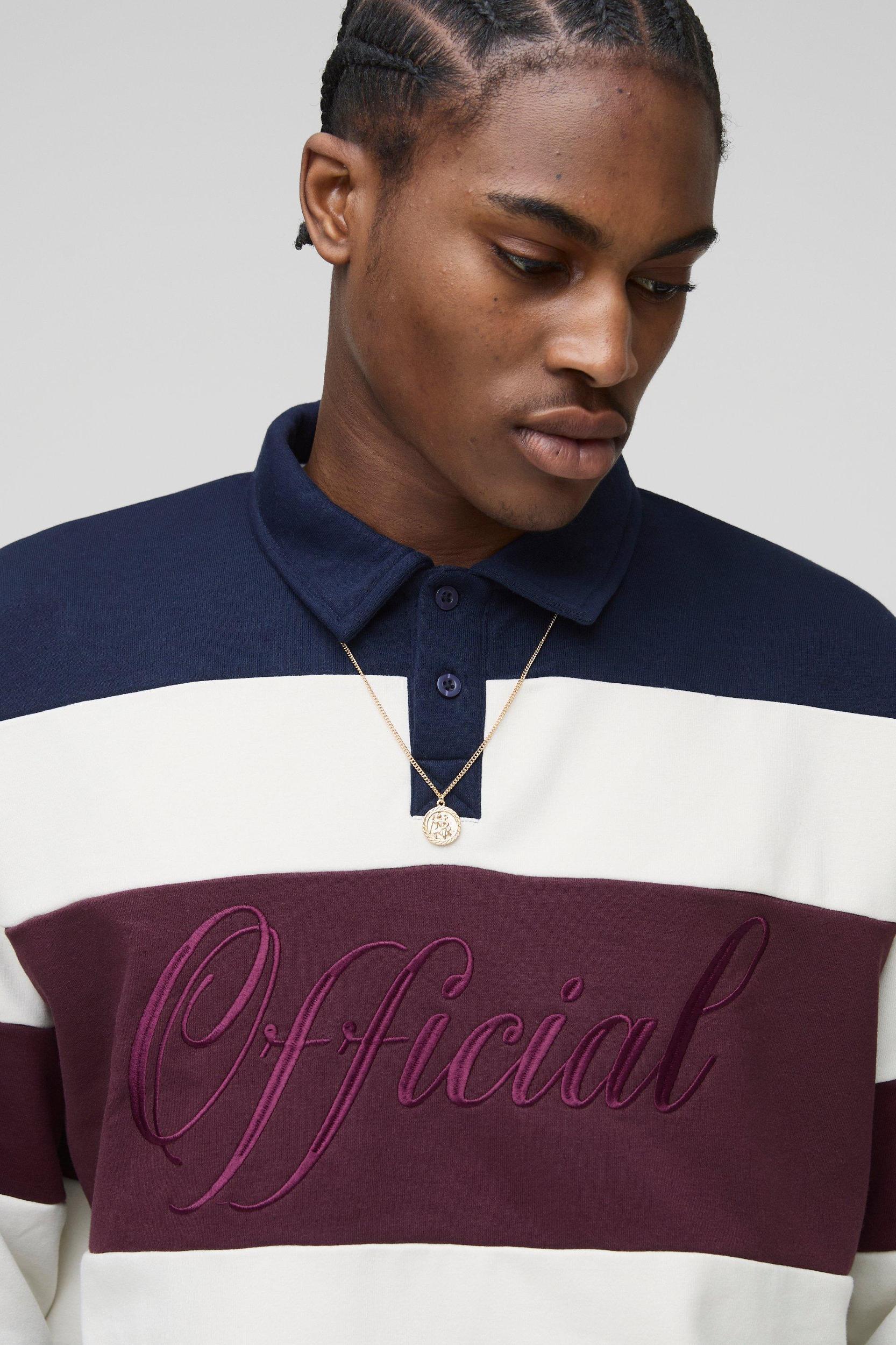 Oversized Boxy Stripe Embroidered Rugby Polo Sweatshirt | boohooMAN USA Product Image