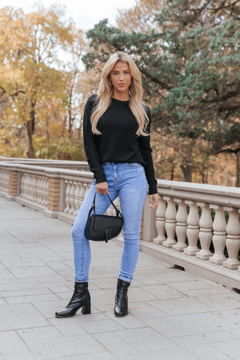 The Mini Waffle Texture Ribbed Knit Sweater - Black - FINAL SALE Product Image