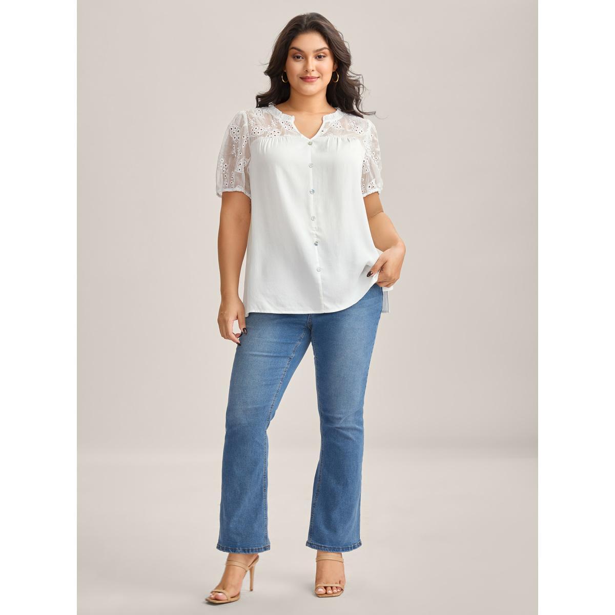 Plus Size Originalwhite Eyelet Trim Sheer Button Detail Blouse Women Short sleeve Notched collar Everyday-Elegant Blouses BloomChic 12/L Product Image