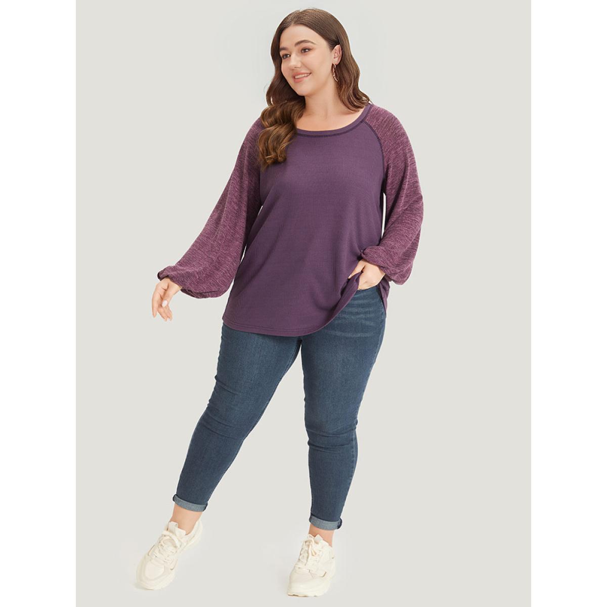 Plus Size Contrast Patchwork Heather Lantern Sleeve Sweatshirt Women Purple Casual Patchwork Round Neck Dailywear Sweatshirts BloomChic 12/L Product Image