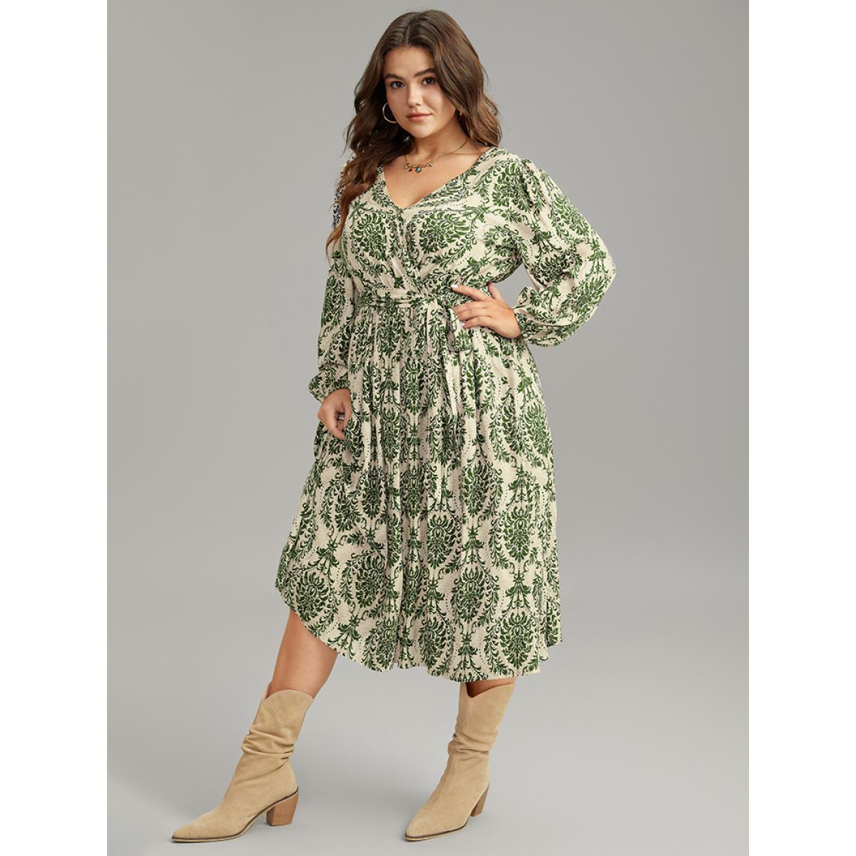Plus Size Supersoft Essentials Boho Print Elastic Waist Belted Dress Green Women Vacation Elastic cuffs Overlap Collar Long Sleeve Curvy Midi Dress BloomChic 28/5X Product Image