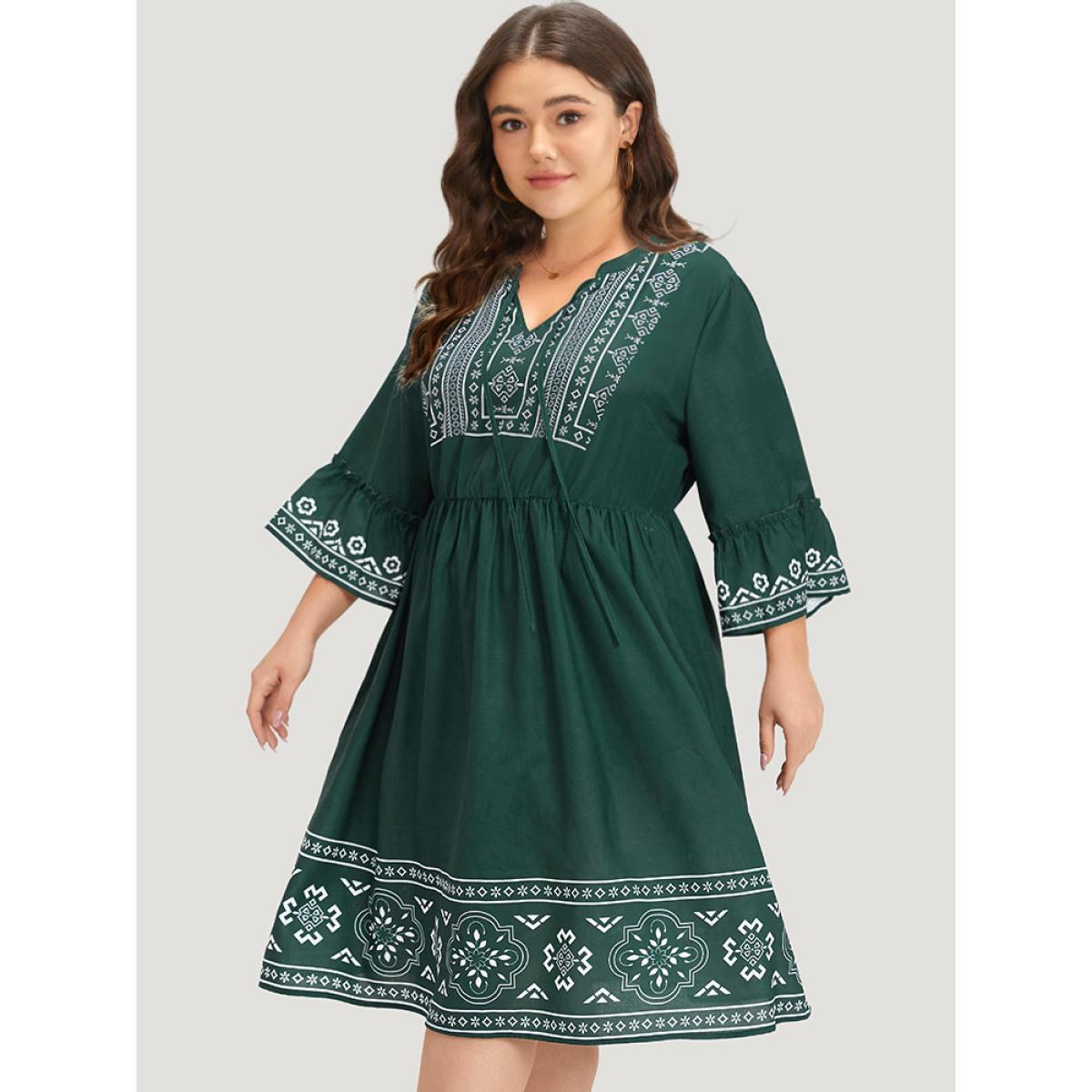 Plus Size Bandana Print Knot Neck Frill Trim Bell Sleeve Dress DarkGreen Women Vacation Cross straps Notched collar Half Sleeve Curvy Midi Dress BloomChic 28/5X Product Image