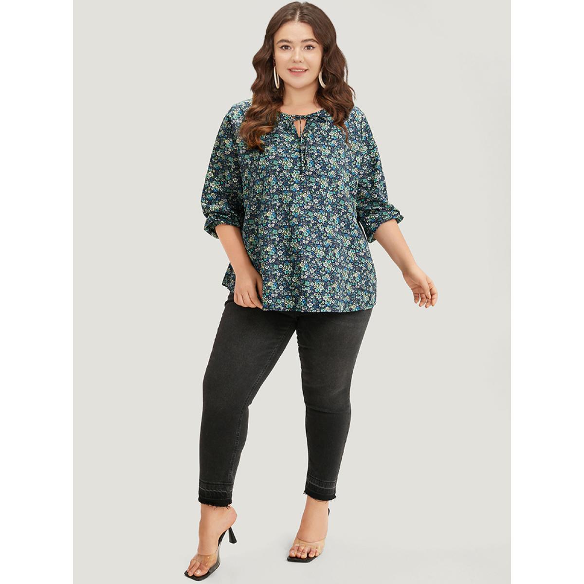 Plus Size Indigo Ditsy Floral Knot Neck Elastic Cuffs Blouse Women Elegant Long Sleeve Tie Neck Everyday Blouses BloomChic 22-24/3X Product Image
