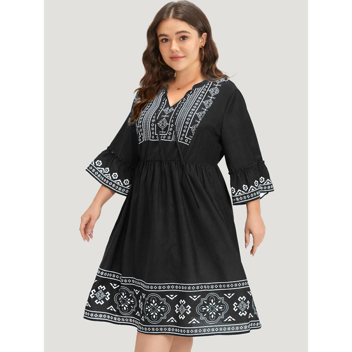 Plus Size Bandana Print Knot Neck Frill Trim Bell Sleeve Dress Black Women Vacation Cross straps Notched collar Half Sleeve Curvy Midi Dress BloomChic 18-20/2X Product Image