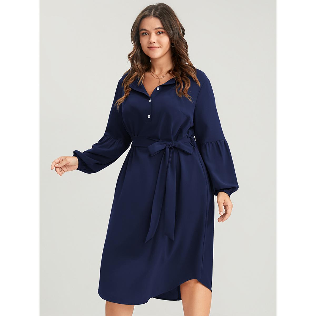 Plus Size Solid Lantern Sleeve Button Pocket Belted Arc Hem Dress Navy Women Office Belted Round Neck Long Sleeve Curvy Midi Dress BloomChic 14-16/1X Product Image