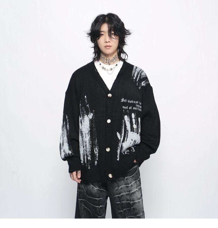 V-Neck Lettering Hand Print Cardigan Product Image