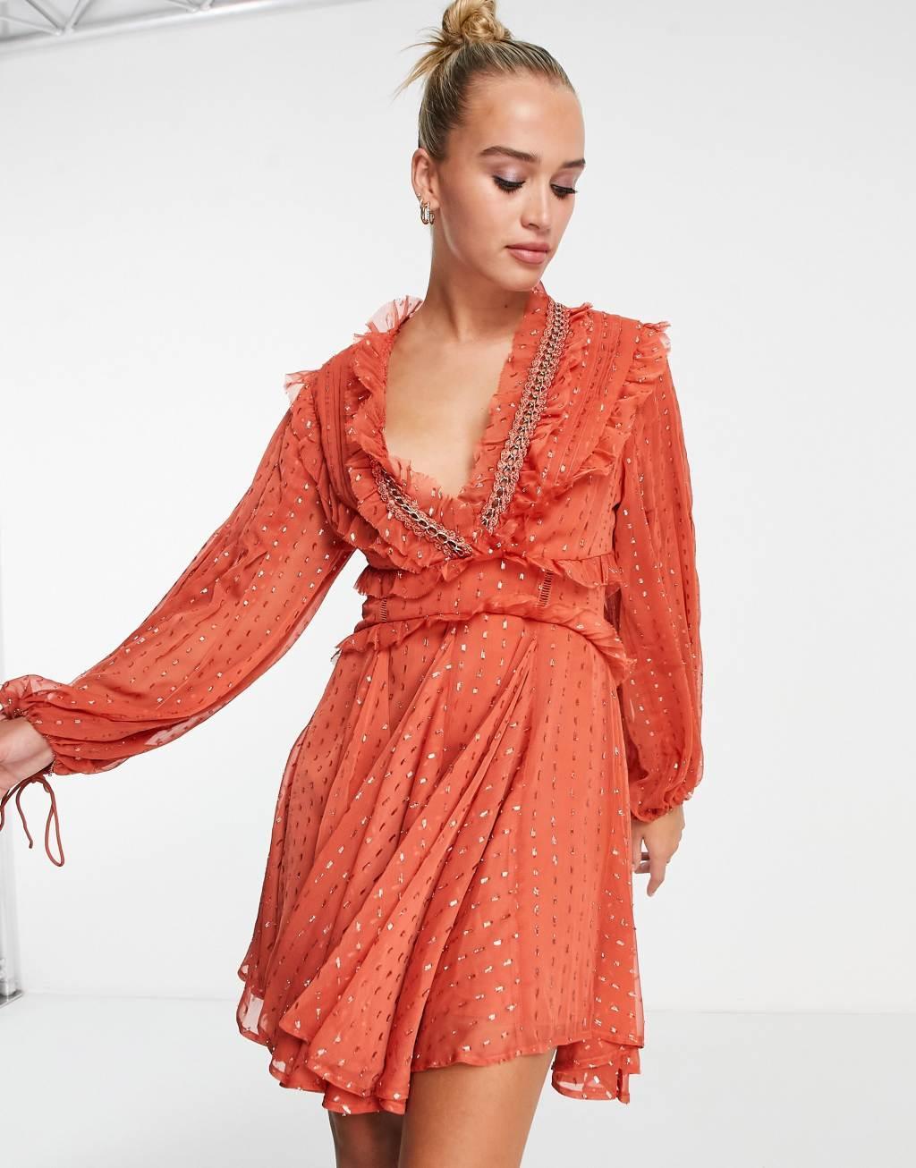 ASOS DESIGN ruffle detail mini dress with chain detail Product Image