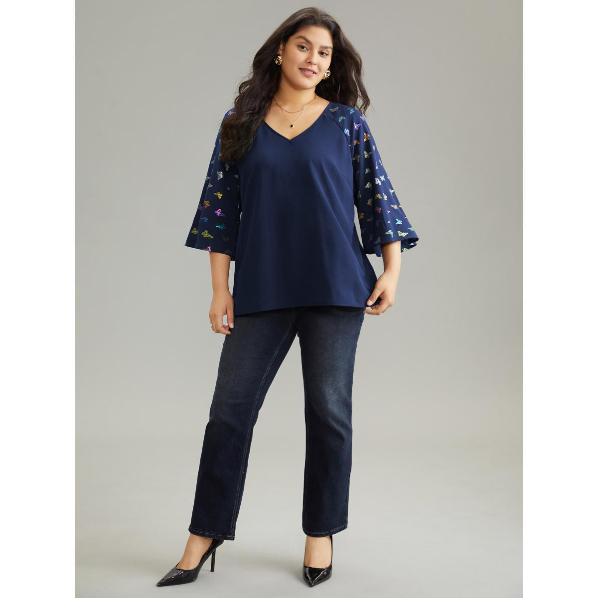 Plus Size Indigo Glitter Butterfly Flutter Raglan Sleeve Blouse Women Elegant Elbow-length sleeve V-neck Party Blouses BloomChic 26/4X Product Image