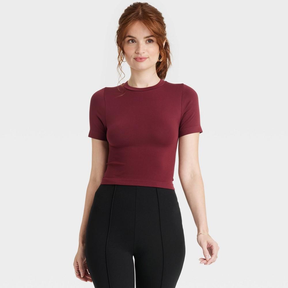 Women's Slim Fit Short Sleeve Seamless Baby T-Shirt - A New Day™ Black S: Lightweight Nylon Spandex Pullover, Crew Neck Jersey Product Image