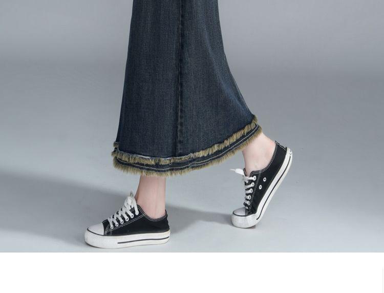 High Rise Washed Tassel Trim Midi A-Line Denim Skirt Product Image