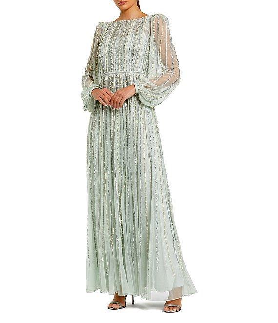 Mac Duggal Embellished Mesh Striped Beaded Boat Neck Long Sleeve Gown Product Image